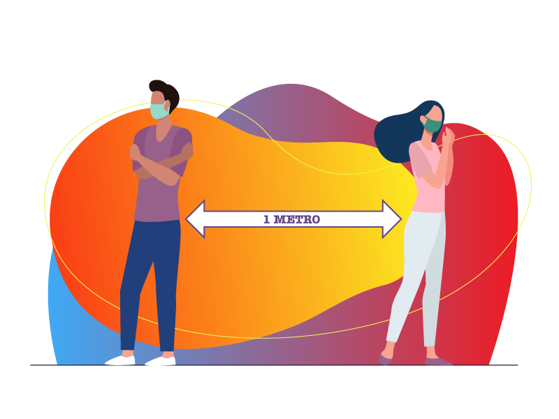 Ilustración de dos personas, un hombre y una mujer con tapabocas, separados por una flecha de doble sentido que indica, dos metro de distancia