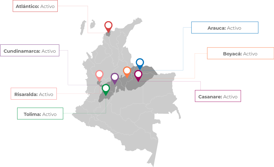 Mapa de colombia que muestra cada uno de los departamentos y apoyan la puesta en marcha de los nodos del Sistema.
