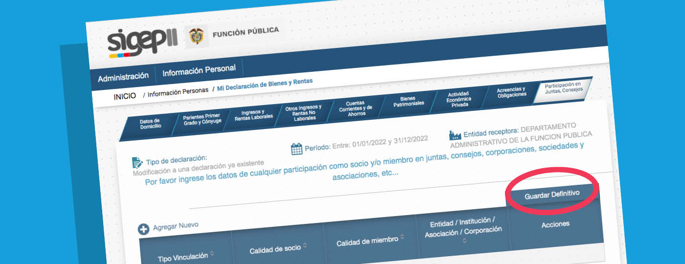 Imagen del pantallazo final del SIGEP cuando se diligencia la declaración de bienes y rentas