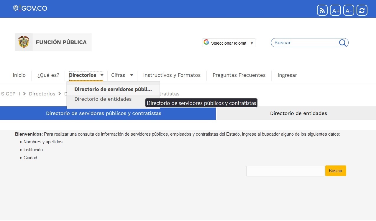 Captura de pantalla donde se muestra el acceso por menu de navegación a la opción del Directorio de Servidores y Contratistas