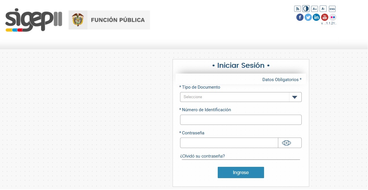Captura de pantalla que muestra la pagina de inicio de sesión del SIGEP 2