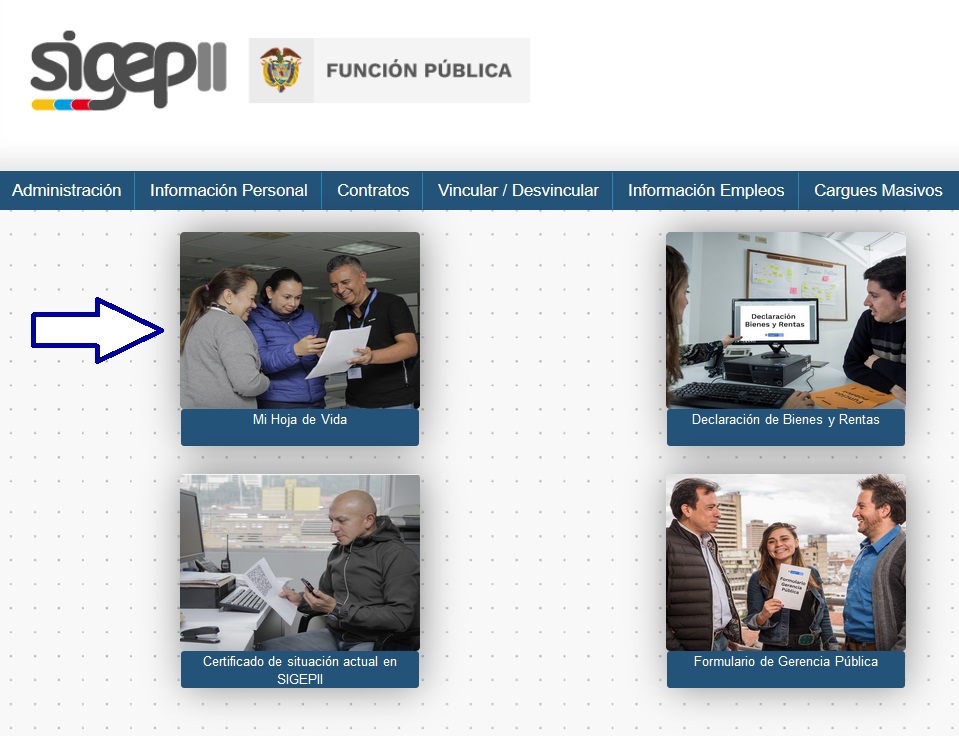 Captura de pantalla que muestra el menu inicial de SIGEP 2, con una flecha señalando la opción Mi Hoja de Vida