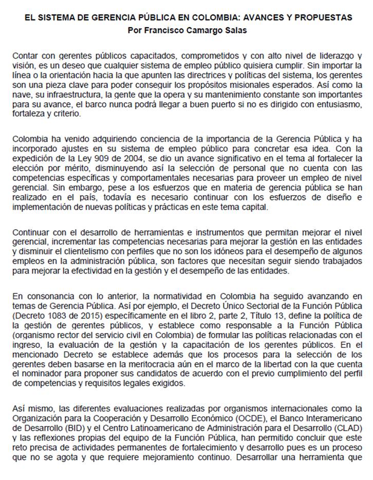 Ponenecia CLAD: El sistema de Gerencia Pública en Colombia: avances y propuestas por Francisco Camargo Salas Ponenecia CLAD: El sistema de Gerencia Pública en Colombia: avances y propuestas por Francisco Camargo Salas