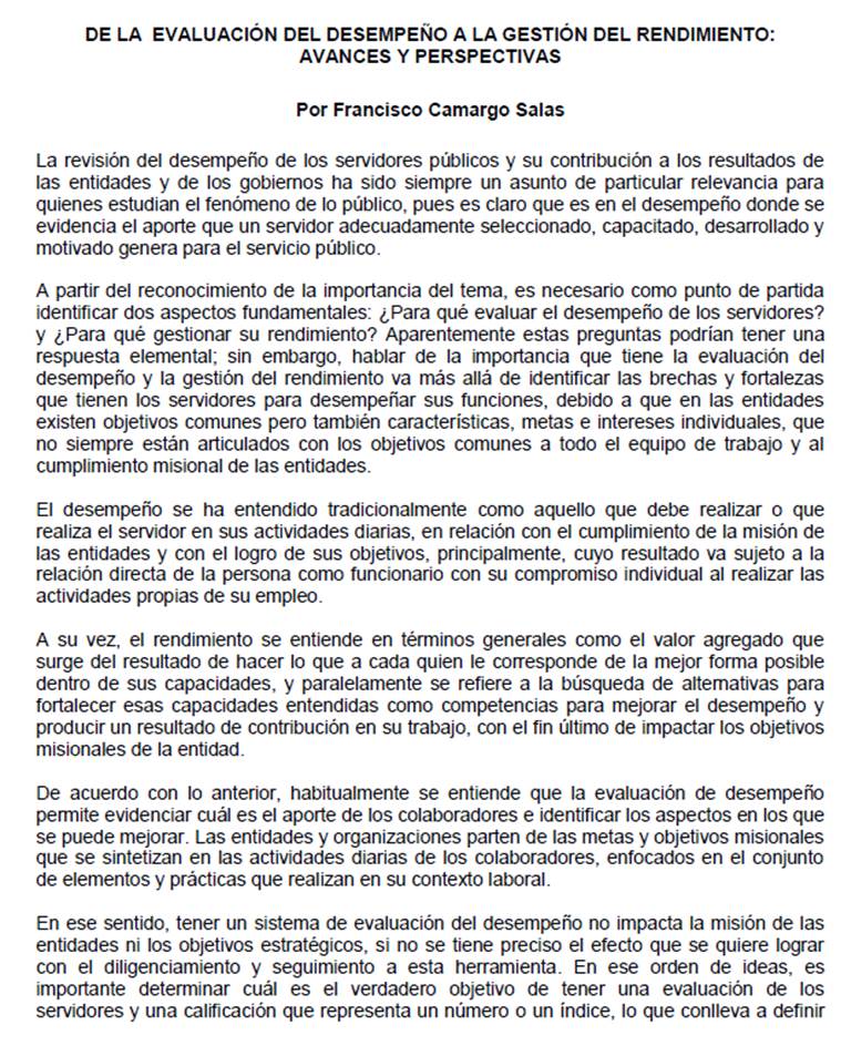 Ponenecia CLAD: De la evaluación del desempeño a la gestión del rendimiento: avances y perspectivas por Francisco Camargo Salas