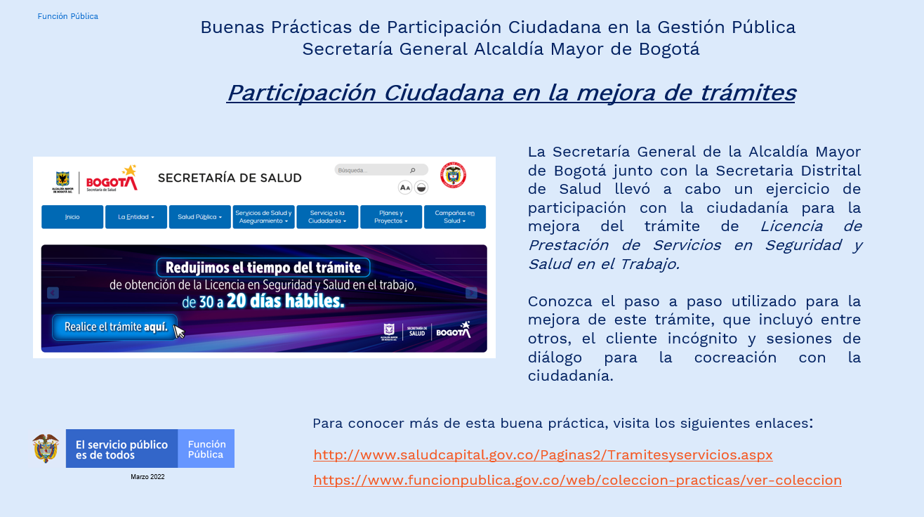 Buenas Prácticas de Participación Ciudadana en la Gestión Pública - Secretaría General Alcaldía Mayor de Bogotá Buenas Prácticas de Participación Ciudadana en la Gestión Pública - Secretaría General Alcaldía Mayor de Bogotá